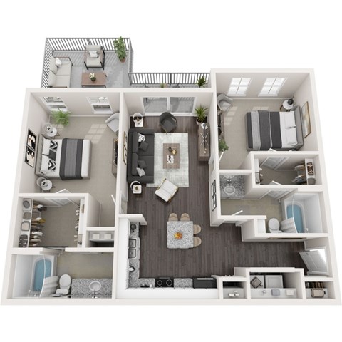 Floor plan for 2 beds, 2 baths, 1077 sqft